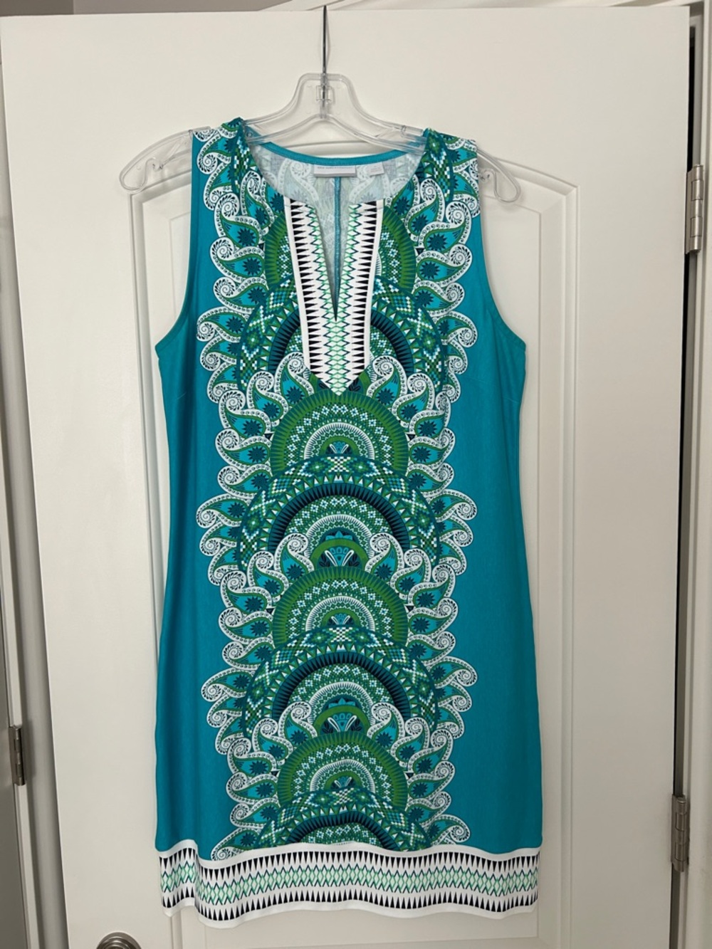 New York & Company Teal & Green Sleeveless Printed Mini Shift Dress